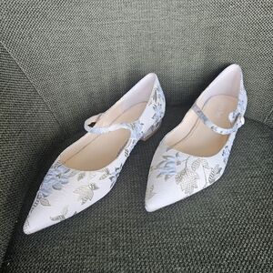 Mary Jane Pointed Toe Flats in White with Silver Floral Embroidery